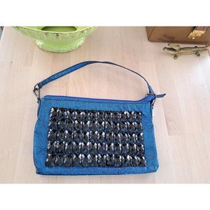 True Blue Glitter/ Lame Large Black Jewels Clutch Purse Detachable Strap Small